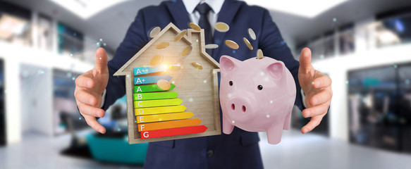 Wall Mural - businessman saving money with good energy chart rating 3d rendering