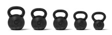 3d Rendering Of Five Black Iron Kettlebells In A Single Line With Different Weight Stamps Of 32, 24, 16, 12 And 8 Kg.
