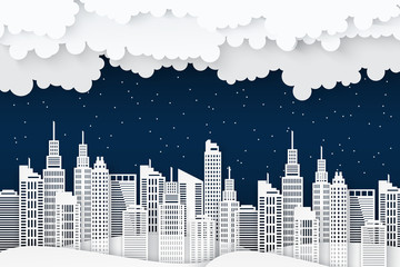 Poster - Paper skyscrapers. Achitectural building in panoramic view. Modern nidht city skyline building industrial paper art landscape skyscraper offices, clouds, wavy hills and stars. Vector Illustration