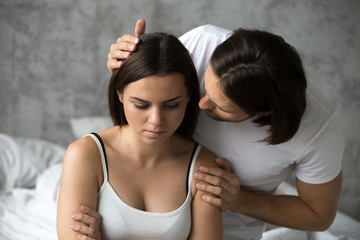 Loving man apologizing resentful sulky woman feeling offended after conflict, boyfriend asking upset capricious girlfriend for forgiveness excusing to make peace, rejecting accepting apology concept