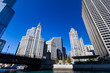 Wide angle shot of Chicago Riverside with Wrigley Building and Tribune Tower