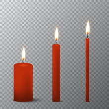 Vector 3d Realistic Different Red Paraffin Or Wax Burning Party Candle Icon Set Closeup Isolated On Transparency Grid Background. Thick, Medium And Thin Size. Design Template, Clipart For Graphics