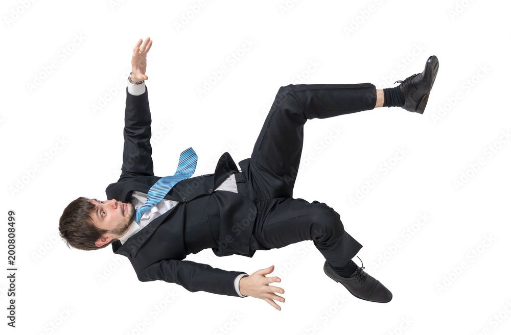 Businessman is falling down. Isolated on white background. - obrazy, fototapety, plakaty 