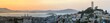 Sunset panoramic views of Telegraph Hill and North Beach neighborhoods with San Francisco Bay, Alcatraz and Angel Islands as well as Marin Headlands. San Francisco, California, USA.