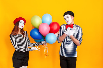 Wall Mural - Woman present many colorful balloon his man for birthday