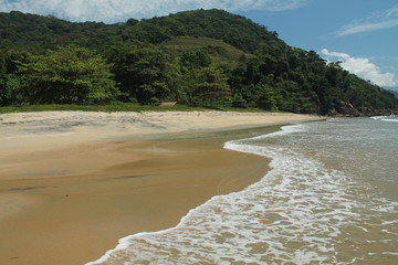 Wall Mural - Praia do Meio, Ubatuba, Sao Paulo, Brazil - Paradise tropical beach with white sand, blue and calm waters, without people on a sunny day and blue sky of the Brazilian coast in high resolution