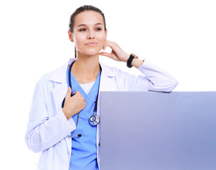 A female doctor with a blank billboard. Woman doctor