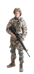 Wall Mural - Male soldier with machine gun on white background. Military service
