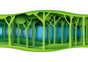 Aufkleber - Green abstract nature forest with origami paper layer cut abstract nature background.Ecology and environment conservation concept design paper art style.Vector illustration.