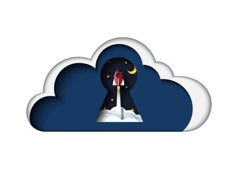Wall Mural - cloud computing concept icon paper art style.business protect start up.rocket ship flying from cloud