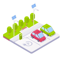 Wall Mural - Electric car parking concept with charger station, solar battery, vehicle connected to the charger