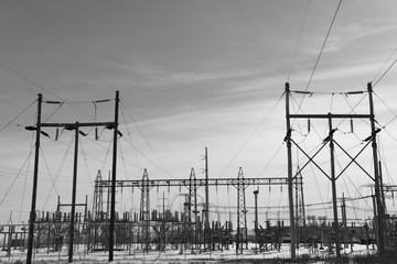 Electrical grid infrastructure, high voltage substation metal structure in South Dakota / USA.	