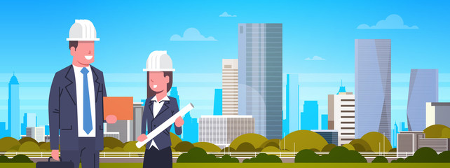 Business Man And Woman Construction Worker Over Modern City Background Horizontal Banner Flat Vector Illustration