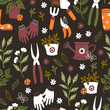 Cute Pattern with Garden Tools on Dark Background.