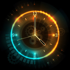 Poster - Digital futuristic watch with neon effects. Time abstract vector concept with clock