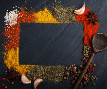 Different Kind Of Spices On A Black Background
