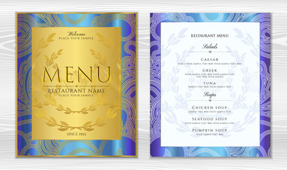 Design Restaurant Menu template in black color with gold frame pattern (border). Elegant luxe gold cover useful for Cafe Menu, brochure, coffee house, wedding invitation design