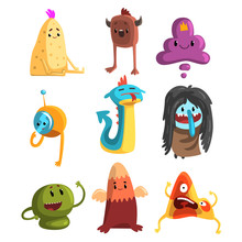 Cartoon Flat Vector Set Of Funny Monsters. Fantastic Creatures With Cute Faces. Design For T-shirt Print, Postcard, Kids Book Or Sticker