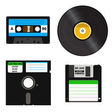 Set Of Media Of Different Generations - Vinyl Record, Cassette Tape, A 3.5-inch Floppy Disk On A 5.25-inch Diskette.