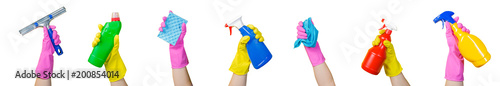 Fotografía Cleaning concept - hands holding supplies, isolated