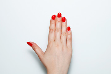 Female palm with red nails painted on a white background