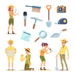 Archaeologists characters and various historical artifacts