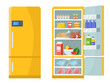 Vector illustrations of empty and closed refrigerator with different healthy food