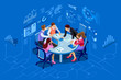 Isometric people team contemporary management concept. Can use for web banner, infographics, hero images. Flat isometric vector illustration isolated on blue background. 