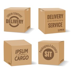 Delivery cardboard boxes. Vector warehouse packaging brown boxes with delivery company logo isolated on white background