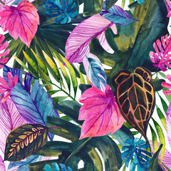 Sticker - Watercolor tropical leaves seamless pattern