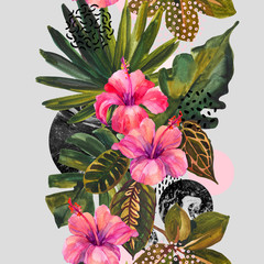 Wall Mural - Watercolor tropical flowers on geometric background.