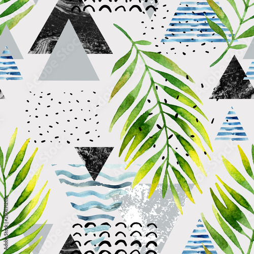 Naklejka dekoracyjna Triangles with palm tree leaves, doodle, marble, grunge textures, geometric shapes in 80s, 90s minimal style.