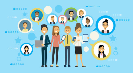 Wall Mural - group of business people communicate using smart phone< digital tablet and laptop computer flat vect