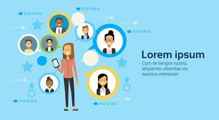 Wall Mural - businesswoman using smart phone messaging with businesspeople business networking concept flat vecto
