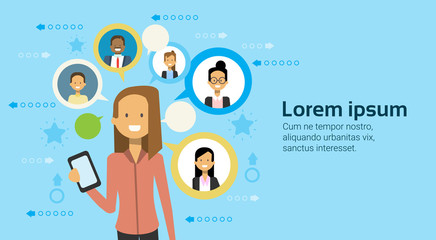 Wall Mural - business woman using cell smart phone communicating with businesspeople networking concept flat vect