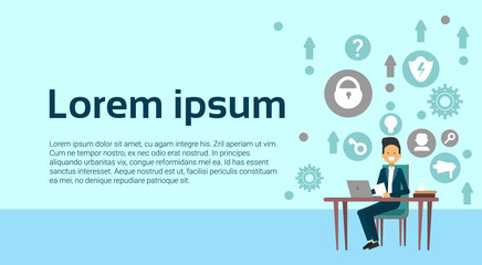 Wall Mural - man programmer web developer working at laptop computer over abstract technology background flat vec