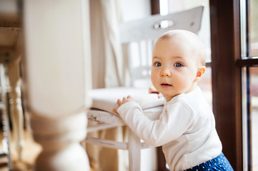 Wall Mural - A toddler girl standing at the table at home.