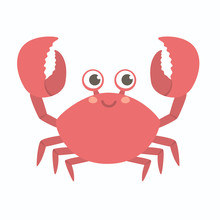 Cute Smiling Red Crab Vector Illustration Cartoon Character Design Lifting Up Claws, Isolated On White Background.