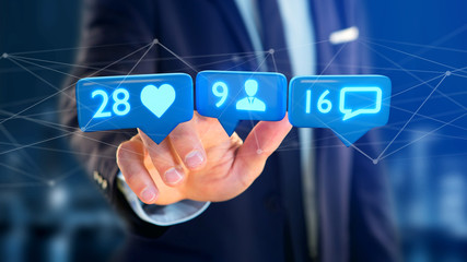 Businessman holding a Like, Follower and message notification on social network - 3d render