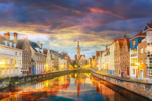 Spiegelrei Canal And Jan Van Eyck Square At Sunset Time, Belgium