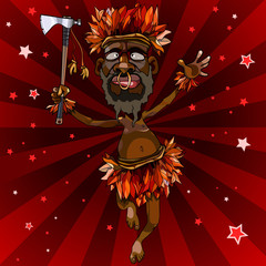 cartoon man dances in an aboriginal costume with an ax