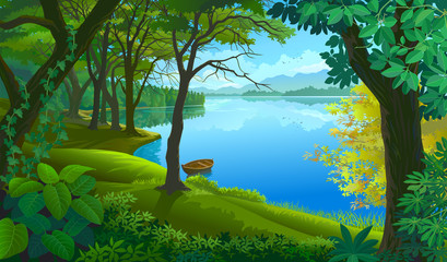Wall Mural - a boat tied to a tree trunk in calm waters