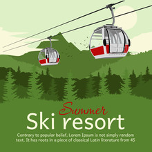 Ski resort with cableway gondola ski lift and mountains in the summer with copyspace for text