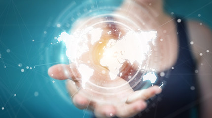businesswoman using digital world map interface 3d rendering