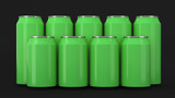 Fototapeta Kuchnia -  Green soda cans standing in two raws on black background