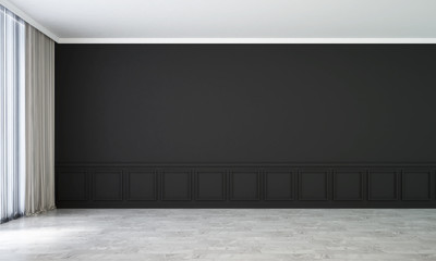 The 3d rendering interior design of empty luxury living room and black wall texture pattern background

