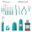 Dental services objects. Dental cleaning and care tools. Stomatology and orthodontics instruments and tools. Medical, stomatology vector objects.