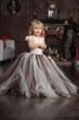little blond girl in lush white, brown and pearly dress