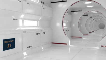 Wall Mural - 3D render. Futuristic spaceship interior corridor