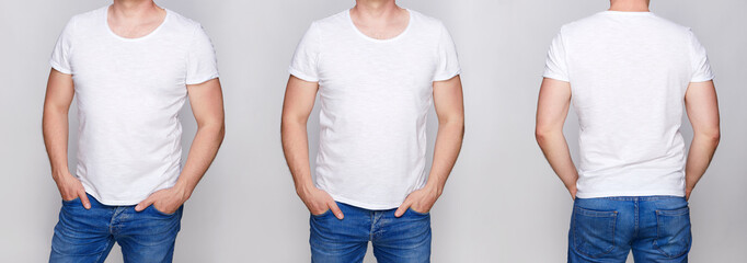 Wall Mural - T-shirt design - young man in blank white tshirt front, from side and rear on gray backround